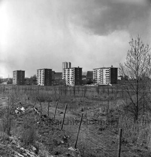 Masurenweg: vorne Grünflache Richtung Industriestraße, dahinter Wohnhochhäuser, im Hintergrund Gebäude der Firma Johannes Ströh
