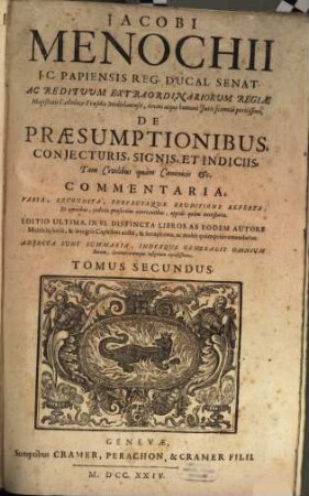 Iacobi Menochii ... De Praesumptionibus, Coniecturis, Signis, Et Indiciis, Commentaria : In Sex distincta Libros, & recèns in lucem edita, 2