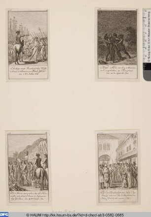 Unten rechts: Ende der Feindseeligkeiten. Die Engländer räumen den Amerikanern Neu-York ein. 1783