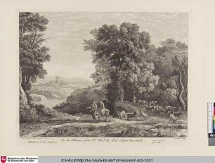 [Landschaft mit einer auf einem Esel reitenden Frau, daneben ein Hirte, rechts Ziegen, Rinder und ein weiterer Esel]