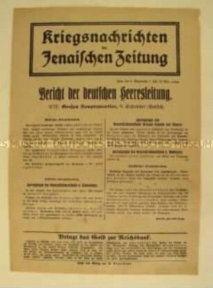 Nachrichtenblatt der "Jenaischen Zeitung" zum Kriegsverlauf an der West- und Ostfront