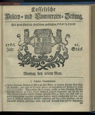 21. Stueck, Montag den 26ten May 1766