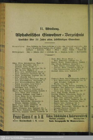 II. Abteilung. Einwohnerverzeichnis : II. Abteilung. Alphabetisches Einwohner-Verzeichnis