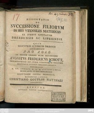 Dissertatio De Svccessione Filiorvm In Res Vtensiles Maternas Ex Ivribvs Civitatvm Dresdensis Ac Lipsiensis.