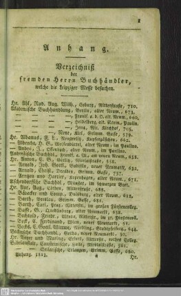 Verzeichniß der fremden Herren Buchhändler, welche die Leipziger Messe besuchen