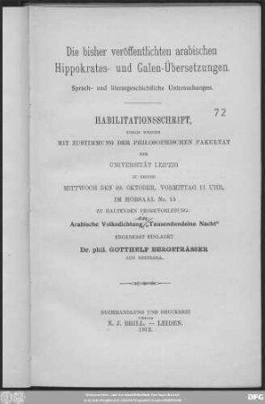 Die bisher veröffentlichten arabischen Hippokrates- und Galen-Übersetzungen : Sprach- und literargeschichtliche Untersuchungen