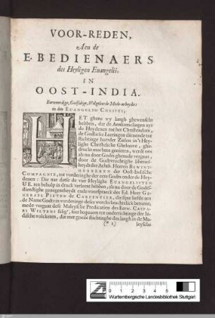 Voor-Reden aen de ebedienaers des Heyligen Euangelii, in Oost-India