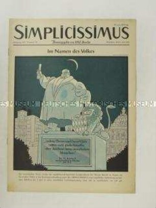 Satirezeitschrift "Simplicissimus" mit Titel-Karikatur auf ein Verfahren gegen das Blatt wegen "Verbreitung unzüchtiger Schriften"