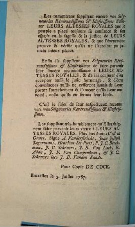 Copie de la Requête présentée par les Syndics des Nations de la Ville de Bruxelles, aux trois Etats du Pays & Duché de Brabant : [Bruxelles le 3. Juillet 1787]