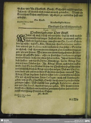 Num. VIII. Hochwolgeborner Herr Graff