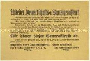 Flugblatt der Leipziger USPD und des Gewerkschaftskartells gegen den Generalstreikaufruf der KPD im Zuge der Märzkämpfe in Mitteldeutschland 1921