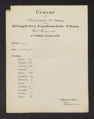 [Zeugnis:] Censur des Obertertianers 2ter Ordnung auf der Königlichen Landesschule Pforta Carl Lamprecht : Frühjahr-Examen 1870