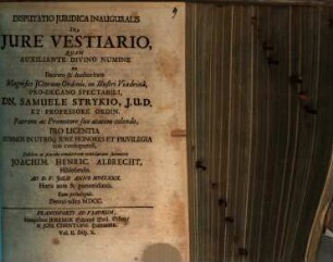 Disputatio Iuridica Inauguralis De Iure Vestiario