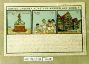 Postkarte mit Bahlsen-Künstlermarken