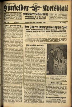 Erste Ausgabe vom Montag, den 26. September 1938.