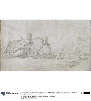 Landschaft mit zwei strohgedeckten Bauernhäusern