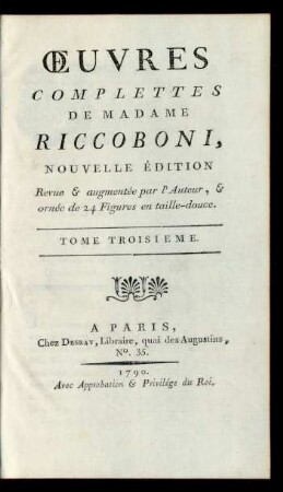 Tome Troisieme: Œuvres Complettes De Madame Riccoboni