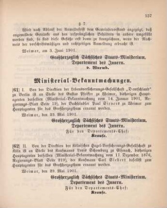 61. Ministerial-Bekanntmachung, betreffend Wechsel in der Hauptagentur der Lebensversicherungs-Gesellschaft "Deutschland" zu Berlin