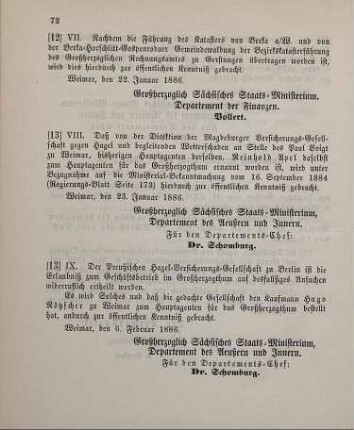 13. Ministerial-Bekanntmachung, Wechsel in der Hauptagentur der Magdeburger Versicherungs-Gesellschaft gegen Hagel und begleitenden Wetterschaden betreffend