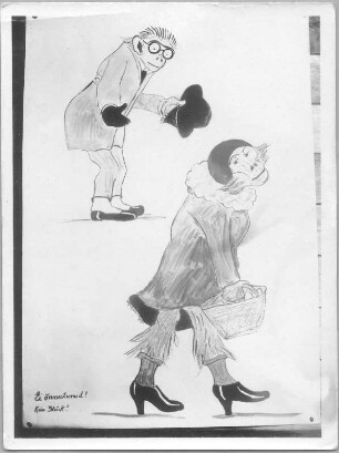 Karikatur "Ei õnnestunud! Kein Glück!". Federzeichnung, farbig lasiert (um 1930; E. Richter). Dresden-Südvorstadt, Eisenstuckstraße, Atelier der Künstlerin
