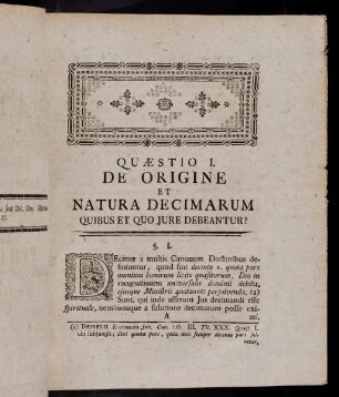 1-25, Quaestio I. De Origine Et Natura Decimarum Quibus Et Quo Jure Debeantur?