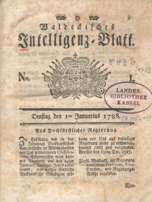 No. 1. Dinstag den 1ten Januarius 1788