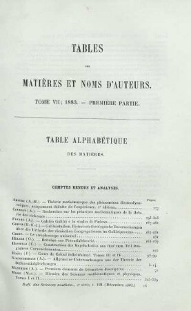 Table des Matières et Noms d'Auteurs.