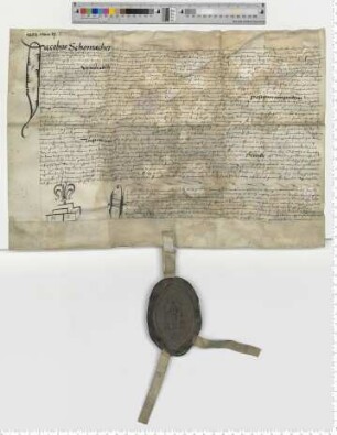 Propst Jacob Schomaker transsumiert Präsentationsurkunden und investiert für eine Vikarie am Philippi und Jacobi Altar zu St. Lamberti. Notar Nicolaus Steman [lat].