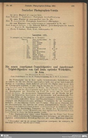 Die neuen Anastigmat-Doppelobjective und Apochromat-Triplet-Objective von Carl Zeiss, optische Werkstätte, in Jena