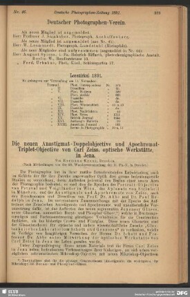 Die neuen Anastigmat-Doppelobjective und Apochromat-Triplet-Objective von Carl Zeiss, optische Werkstätte, in Jena