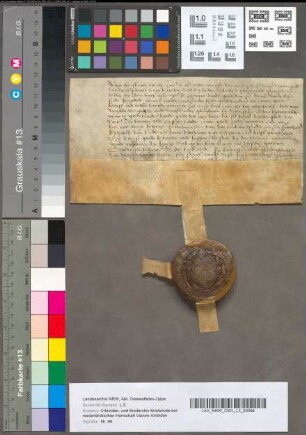 Vidimus van Schepenen van Kurtrik van een gedeelte van het Edele boek of register in perkament van het gulde van St. Joris binnen die stede, inhoudende een doodschuld, door den guldebroeder Regnauld van Brederode, Heere van Vianen en Ledegem, aan het gulde beloofd, 23 October 1556. Perkament met 1 uithangend zegel.