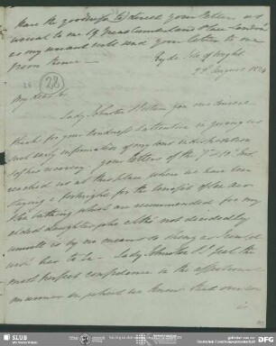 Eigenh. Brief von Alexander Johnston an August Wilhelm von Schlegel, Ryde (Isle of Wight), 22.08.1824