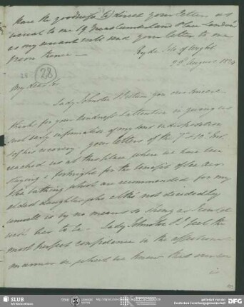 Eigenh. Brief von Alexander Johnston an August Wilhelm von Schlegel, Ryde (Isle of Wight), 22.08.1824