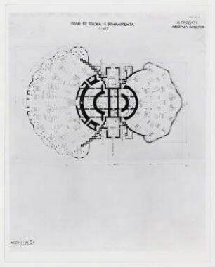 Palast der Sowjets. Zweiter Durchgang (offen), 1931 Grundriss des ersten Obergeschosses und der Fundamente