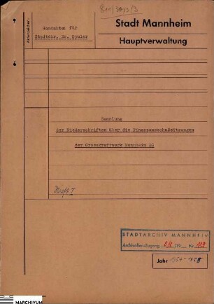 Sammlung der Niederschriften über die Finanzausschußsitzungen der Großkraftwerk AG, Mannheim
