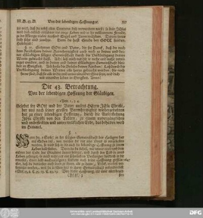 Die 43. Betrachtung. Von der lebendigen Hoffnung der Gläubigen.
