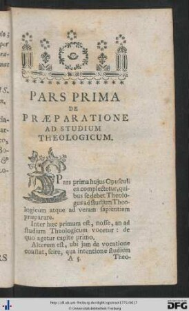Pars Prima. De Praeparatione Ad Studium Theologicum.