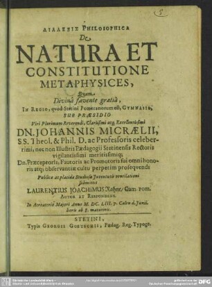 Dialexis philosophica de natura et constitutione metaphysices