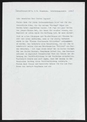 Brief von Margarete Hauptmann an Rudolf Kayser