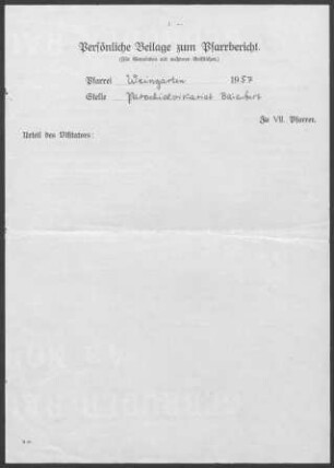 Weingarten mit Baienfurt, Baindt u.a. Diaspora: Visitationsbericht mit Pfarrbericht 1957