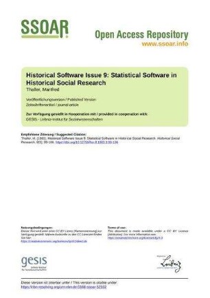 Historical Software Issue 9: Statistical Software in Historical Social Research