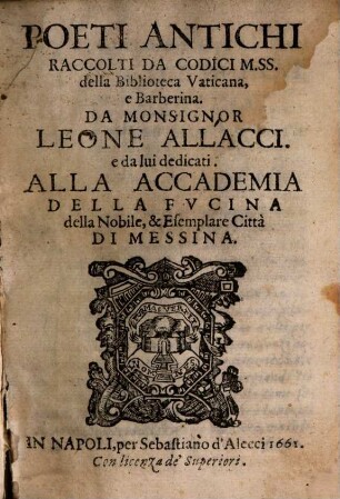 Poeti antichi : raccolti da Codici MSS della Biblioteca Vaticana e Barberina