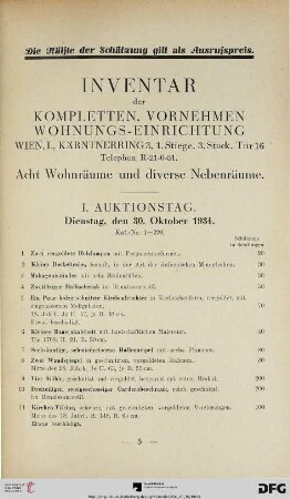 I. Auktionstag: Dienstag, den 30. Oktober 1934 (Nr. 1-220)
