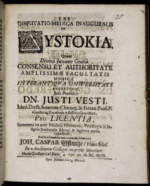 Disputatio Medica Inauguralis De Dystokia