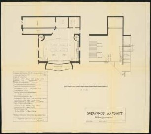 Stadttheater, Kattowitz: Bühnengrundriss und Bühnenlängsschnitt 1:100