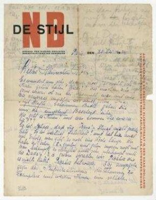 Brief von Nelly (Pétro) van Doesburg an Hannah Höch. Paris. Briefkopf: "NB DE STIJL [...]"
