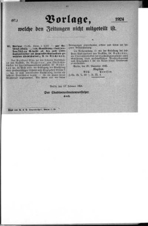Anlage: Vorlage, welche den Zeitungen nicht mitgeteilt ist, 15. Februar 1924