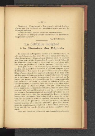 La politique indigène à la Chambre des Députés.