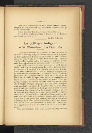 La politique indigène à la Chambre des Députés.