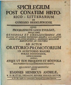 Spicilegium Post Conatum Historico-Litterarium De Gymnasio Heidelbergensi. [1]